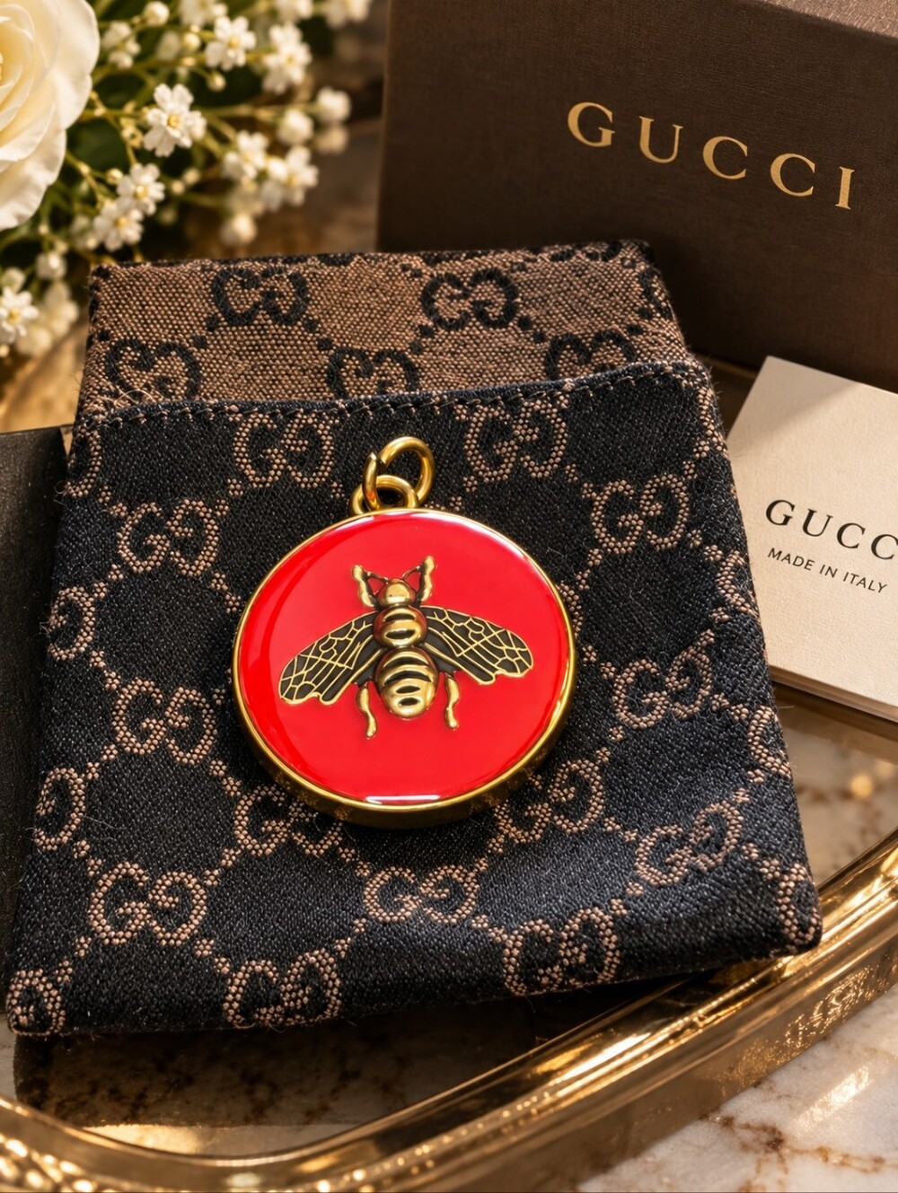 Gucci Bee Enamel Pendant Red Gold Tone 1.25" Made in Italy 572